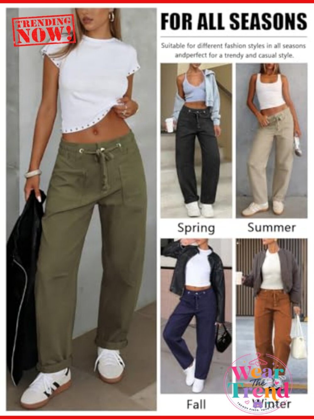 Women's Low Rise Drawstring Barrel Pants Chino Casual Cropped Sweatpants - Picture 4 of 5